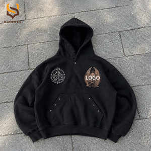 Sweat à capuche surdimensionné pour homme en molleton bouclette épais, délavé à l'acide, avec logo personnalisé, broderie crâne gothique et rivets, style streetwear vintage - Product Image 1