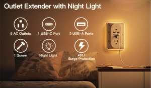 <span class=keywords><strong>Tonghua</strong></span> ปลั๊กไฟกลางคืนติดผนัง3ด้าน5ช่อง, แถบไฟกระชากติดผนัง15A 125โวลต์ปลั๊กแบบ US เพื่อให้มองเห็นได้ง่าย - Product Image 6