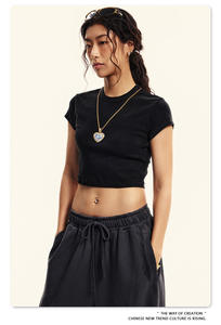 <span class=keywords><strong>N908</strong></span> Verano 2024 Top corto para mujer Camiseta de manga corta de algodón lavado Europeo Americano Estilo lindo Patrón sólido Diseño de chica caliente - Product Image 3