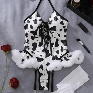 Conjunto de Lencería Sexy con Estampado de Vaca y Ribete de Piel, Tentación, Forma de Chica Tierna, Conjunto Revelador de Senos para Mujer, Encanto Ambiguo, Rosa - Product Image 4