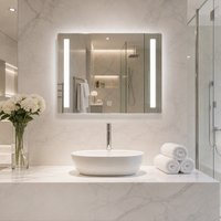 Miroir de Maquillage Intelligent LED Carré Argenté au Design Moderne, Mural, Écran Tactile HD, Capteur Anti-buée, pour Salle de Bain et Maison