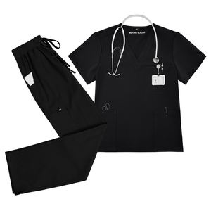 Conjuntos de Uniformes Médicos Negros al por Mayor de Fábrica, Pantalones Acampanados, Elásticos, Tejido de Lana Peinada, Unisex, para Clínica de Belleza, Enfermería Dental - Product Image 1