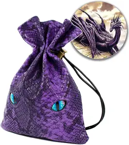 DND Dice Bag Can Cover 6 Dice Sets, Glow in The Dark Eyes D and D Dice Storage Pouch, Purple Leather dragon eye dice bag