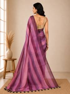 Sari indien traditionnel multicolore rayé en coton Mul pour femmes avec un motif tissé élégant, tissu en coton doux et respirant - Product Image 4