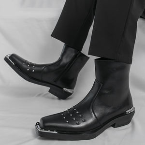 Bottes Chelsea tendance pour hommes, à bout carré et embout renforcé, rehaussantes, en cuir, à enfiler, pour la saison automne-hiver - Product Image 5