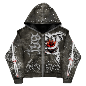 Sudadera con capucha 100% algodón con cremallera de un cuarto, efecto vintage deslavado al ácido y desgastado por el sol, con logotipo personalizado y pedrería, 360 g/m², conjunto de sudadera con capucha - Product Image 1