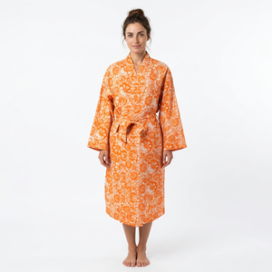Bata de Lino 100% con Estampado Floral, Manga Larga, Cuello Mandarín, Corte Holgado, Largo Maxi, Estilo Casual con Cinturón, Lavable, para Todas las Estaciones - Product Image 1