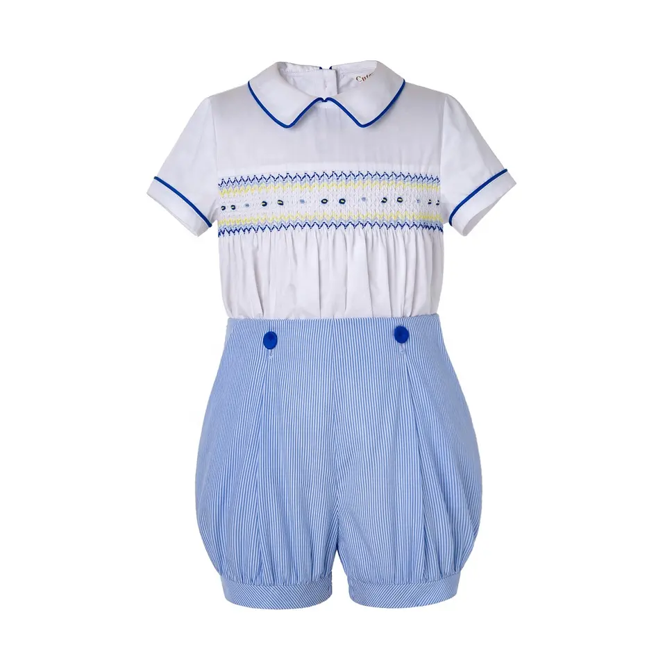 2023 OEM Pettigirl Baby Blue Boy Clothing Sets Summer Embroidery Top+Shorts Kids Baby Outfit Suit Casual Wear Wholesale