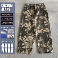 Jeans OEM ODM pour hommes, style camouflage forestier, coupe ample, jambe large, pantalon camouflage naturel, vintage, délavé, streetwear, denim surdimensionné