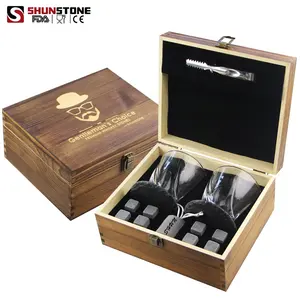 Whiskey Stones And Glasses Gift Set, Whiskey Rocks Chilling Stones In Premium Handmade Wooden Box