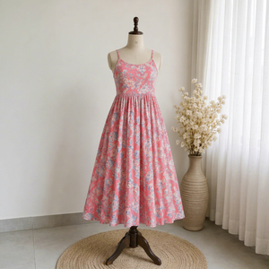 Pink Chiffon Floral <b>Spaghetti</b> <b>Strap</b> Casual <b>Dress</b> Sleeveless Regular Fit <b>Midi</b> Natural Waist A-Line Summer Sundress Beach Party - Product Image 1