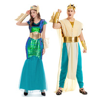 Costume de Sirène Magique Verte d'Halloween Adultes Déesse Gréco-Romaine Naga Sirène Dieu de la Mer Robe Reine Prince-Hommes Femmes Robe de Couple