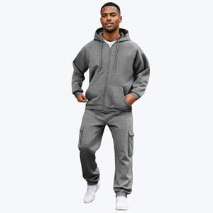 Conjunto Deportivo Gris para Hombre con Capucha, Sudadera con Cremallera Completa y Pantalones Cargo, Color Sólido, Ropa Casual de Otoño, 100% Algodón Transpirable - Product Image 1