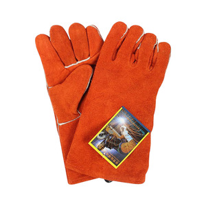 Certifié CE EN12477 Orange <span class=keywords><strong>Rouge</strong></span> Pouce Droit Vache Deuxième Couche Cou Gants de Sécurité en Cuir pour le Soudage Isolation Thermique Flamme - Product Image 2
