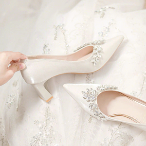 Spark Rhinestone <b>Satin</b> Party Heels Pointed Toe Block Heel Slip On Elegant Formal <b>Wedding</b> Bridal Footwear - Product Image 2