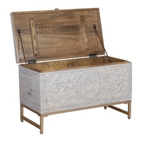 Table basse en bois sculpté à la main avec pieds en métal doré, finition blanche vintage