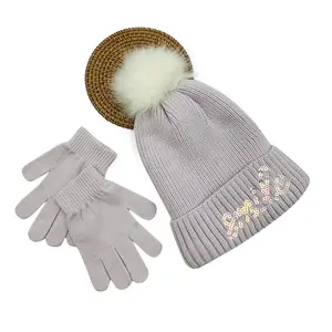 Kids OEM Customized Sequins Embroidery Knit Hat Outdoor Cuffed Cute Pom Pom Beanie Glove Set