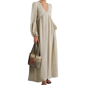2026 été musulman élégant dame lanterne manches col en v à lacets dos Maxi dames longues femmes Peplum Vestidos décontracté 100% robe en lin - Product Image 1
