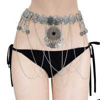 Chaîne de taille élégante en alliage vintage, style tribal afghan Kuchi, avec pendentifs en pièces de monnaie et pompons, pour femme