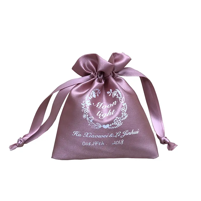 Custom Logo Printing Satin Silk Mini Wedding Drawstring Gift Bags