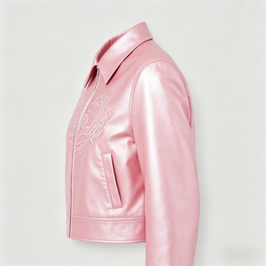 Veste en cuir brillant pour <span class=keywords><strong>femme</strong></span> OEM, style motard, effet <span class=keywords><strong>ciré</strong></span>, avec logo gaufré et patch brodé, idéale pour le printemps et l'été - Product Image 3
