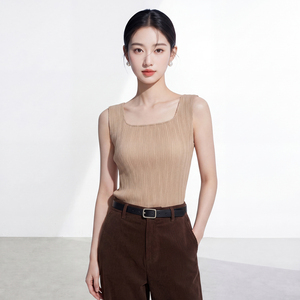 Débardeur tricoté plissé respirant pour femme PY Fashion, col carré, couleur unie, sans manches, style minimaliste, longueur standard - Product Image 4