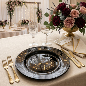 Assiettes de présentation rondes minimalistes en <span class=keywords><strong>verre</strong></span> <span class=keywords><strong>noir</strong></span> de 13 pouces, lisses et unies, pour la décoration de tables de mariage et d'événements modernes (vente en gros) - Product Image 3
