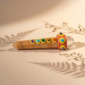Baguette de guérison des chakras en aventurine jaune et agate, faite à la main, avec pierres incrustées, objet de collection d'art Feng Shui, forme de pilier, Gujarat JILANI AGATE - Product Image 3