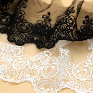 Black And White Transparent Mesh Nylon Cotton Floral Embroidery Three-dimensional Lace