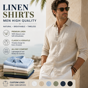 เสื้อเชิ้ตผ้าลินินผู้ชาย คุณภาพสูง 100% ผ้าลินินธรรมชาติ แขนยาว เนื้อผ้ามีเท็กซ์เจอร์ ระบายอากาศได้ดี เสื้อเชิ้ตสไตล์รีสอร์ท รับสกรีนโลโก้ เสื้อผ้าสำหรับฤดูร้อน - Product Image 1