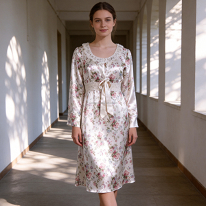 Abito lungo a vita impero con stampa floreale vintage personalizzato per donna, abiti in raso da donna - Product Image 1