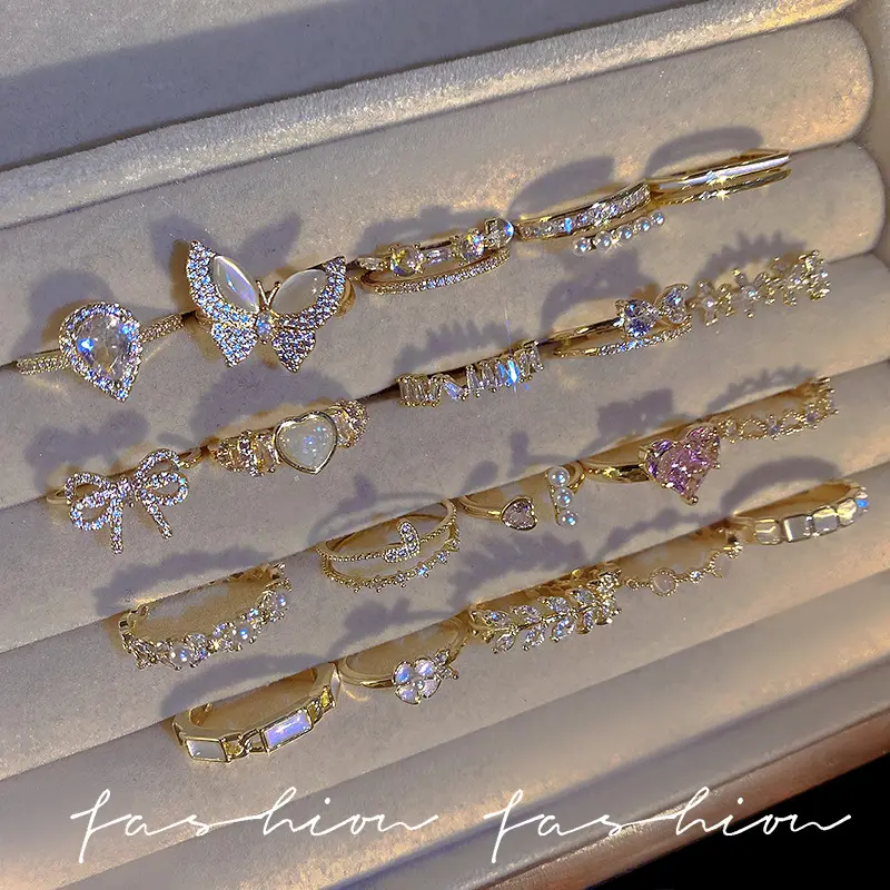 Coreano ajustable lindo perla anillos joyería mujer ahueca hacia fuera abierto Bowknot oro dedo anillo nudillo geométrico circón amor anillos