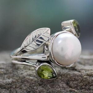 Anillo de Perlas A056, Plata 925, Perla Blanca Redonda AAA, Engaste de Bisel, Anillo de Cóctel con Diseño Floral, Unisex, para Uso Diario - Product Image 3