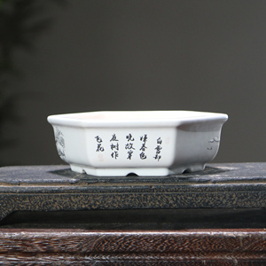 กระถางบอนไซเซรามิกทรงหกเหลี่ยมลายภาพวาดภูมิทัศน์จีนแบบวาดด้วยมือ - Product Image 3