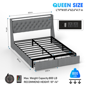 <strong>Queen</strong> <strong>Size</strong> <strong>Bed</strong> <strong>Frame</strong> with Storage Headboard RGB LED Lights &amp; USB Charging Station-Grey - Product Image 6