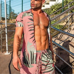 Completo da Uomo Casual Estivo con Stampa Floreale, Camicia e Pantaloncini, Set 2 Pezzi, Vestibilità Larga, Stile Hawaiano, Tessuto Lavorato a Maglia, Traspirante e <span class=keywords><strong>Termico</strong></span> - Product Image 2