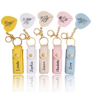 Personalized Engraved Birth Flower <b>Lipstick</b> Bag, <b>Lipstick</b> <b>Case</b> With Mirror, Custom Name Anti Lost Lip Balm Storage Holder - Product Image 1
