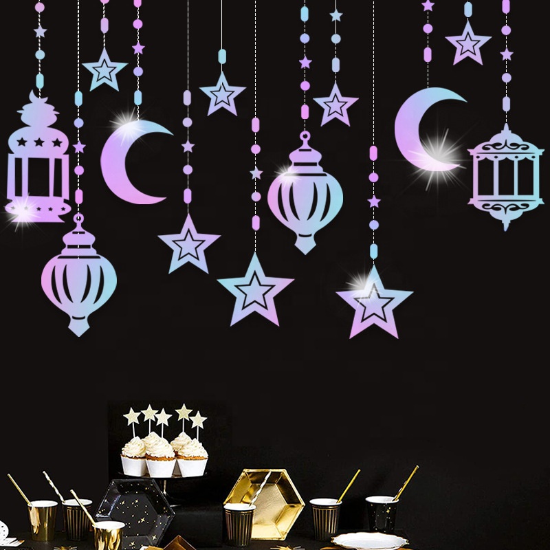 Striscione Ramadan In Tessuto, 185x110 Cm, Con Stelle, Luna, Moschea Blu E Oro, Inclusa Corda Da 7m, Decorazione Per Feste Eid - 3