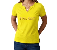 Kaos Wanita Kuning V-Neck Lengan Pendek Slim Fit Katun Custom, Sablon Kartun Depan, Bahan Jersey 200 Gram, Stretch, Kasual