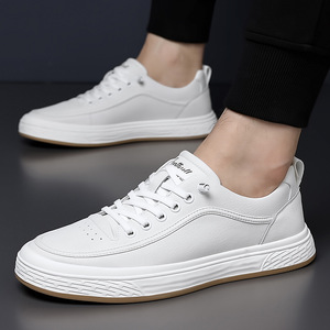 White <b>Leather</b> Slip-On <b>Sneakers</b> Round Toe Rubber Outsole Anti-Slip Korean Style Walking Shoes - Product Image 2