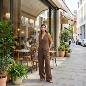 Conjunto <span class=keywords><strong>de</strong></span> <span class=keywords><strong>Traje</strong></span> Elegante <span class=keywords><strong>para</strong></span> Mujer, <span class=keywords><strong>Chaleco</strong></span> Marrón sin Mangas, Pantalones <span class=keywords><strong>de</strong></span> Pierna Ancha, Blazer <span class=keywords><strong>de</strong></span> Cuello en V con Cierre <span class=keywords><strong>de</strong></span> un Botón y Pantalones <span class=keywords><strong>de</strong></span> Cintura Alta <span class=keywords><strong>para</strong></span> Oficina - Product Image 2