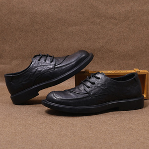 Chaussures habillées pour hommes en cuir véritable, style Oxford, bout rond, à lacets, respirantes, semelle en caoutchouc, pour le bureau et la carrière, toutes saisons, style uni - Product Image 1