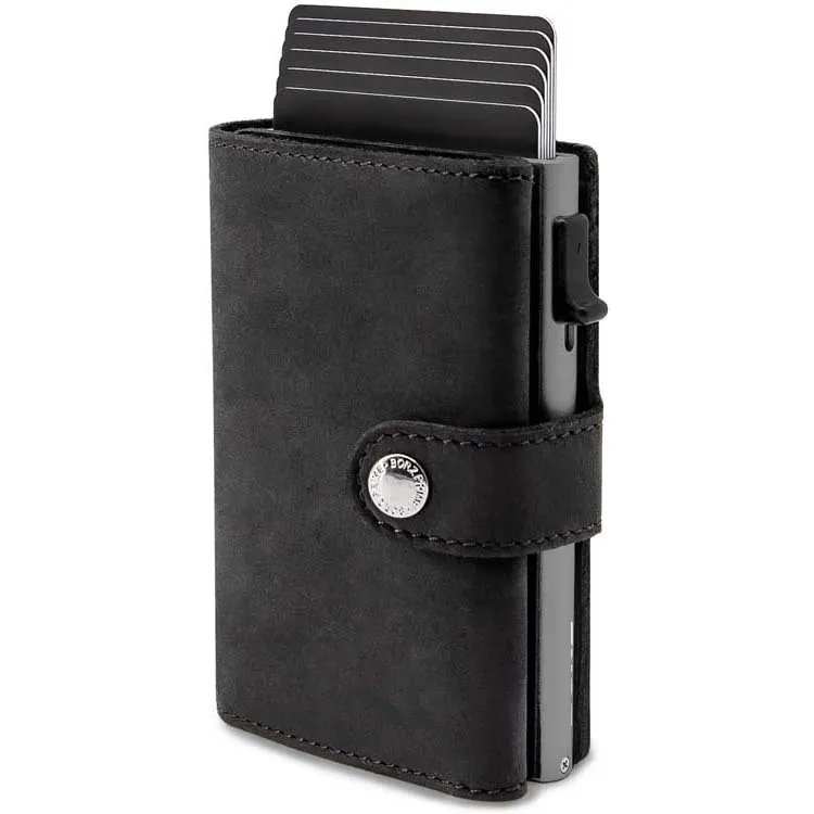 OEM pu genuine leather men wallet card holder with aluminum automatic pop up card case