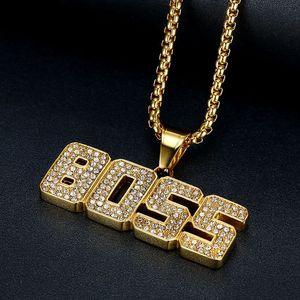 yunnique Boss Letter Pendant Necklace Gold Plated <b>Titanium</b> Steel Pave Setting Men's Fashion Jewelry Gift - Product Image 3