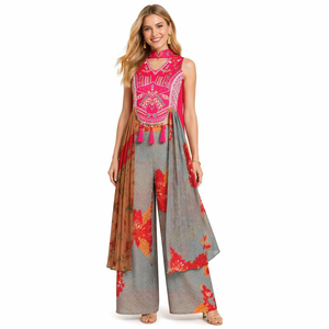 Traje Étnico Estilo Bollywood Indio para Mujer, Pantalones Anchos Bordados con Borlas Rojas y Rosas, Atuendo para Baile Escénico - Product Image 1