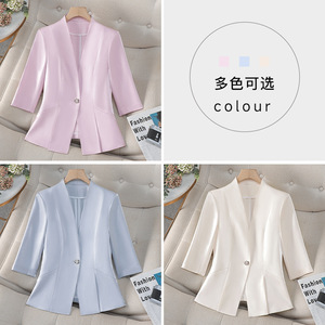 Women's Blazer Champagne-colored Solid Color Cotton No-wrinkle Treatment Spring Summer Casual Style Short Sleeve - Product Image 4