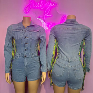 Tuta Intera in Denim Blu con Frange alla Moda per Donne, Jumpsuit Stile <span class=keywords><strong>Cowboy</strong></span> a Maniche Lunghe per Mardi Gras - Product Image 2
