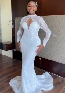 <span class=keywords><strong>Robe</strong></span> de mariée sirène personnalisée en dentelle perlée brillante Aso Ebi avec traîne détachable et manches longues - Product Image 5