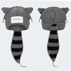 New Style Cute Cartoon Warm Bunny Beanie Hüte Großhandel Frau Katze Schwein Ohren Strick Acryl Hüte mit Single Knit Long Tail - Product Image 1