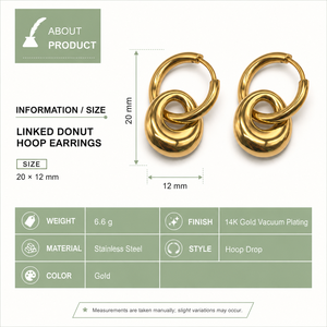Pendientes de Aro con Diseño de Donut, Acero Inoxidable con Baño de Oro de 14K, Acabado Pulido, en Oro y Plata - Product Image 3